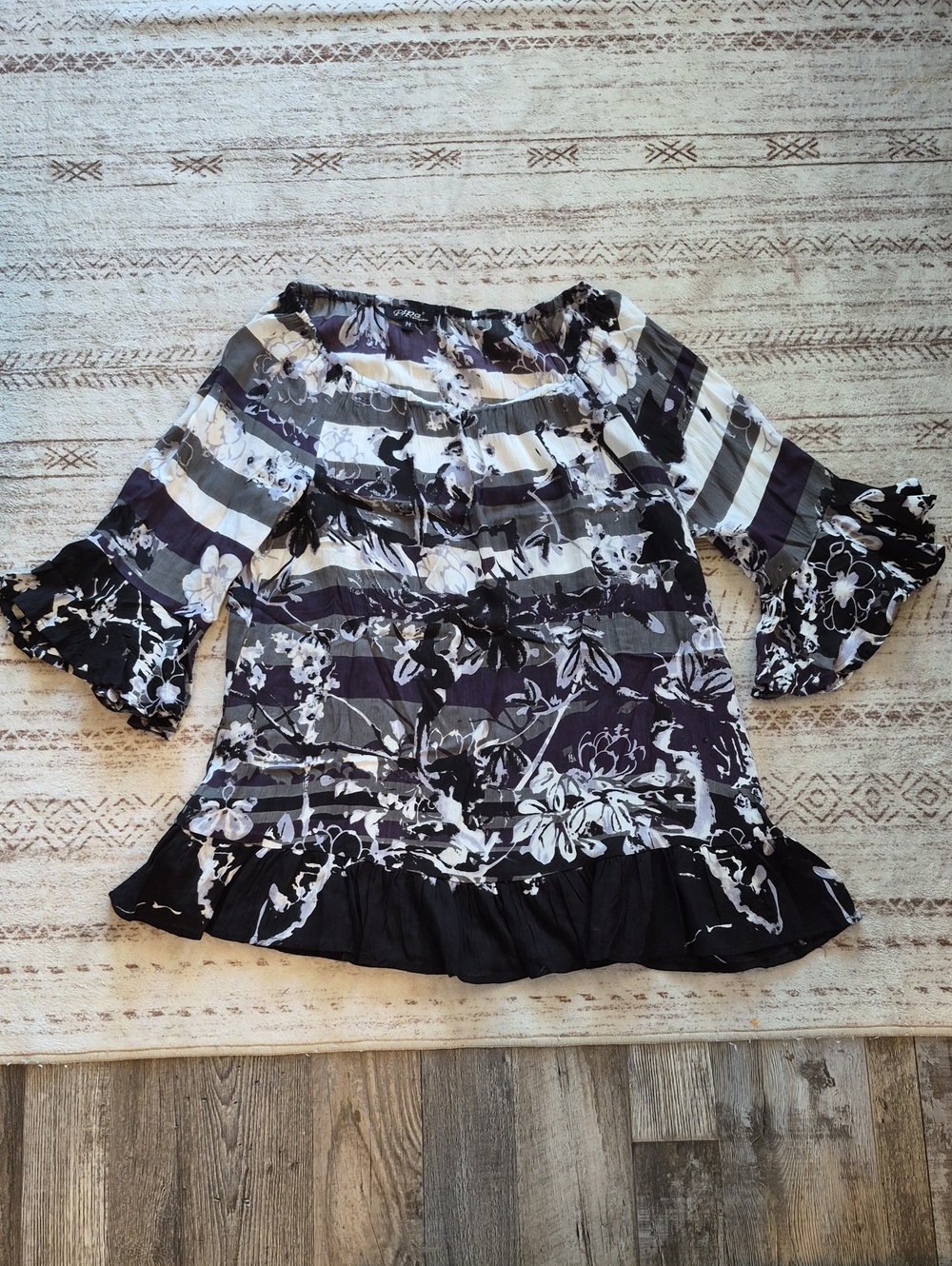 Striped Black & White Floral Off-Shoulder Ruffle Top